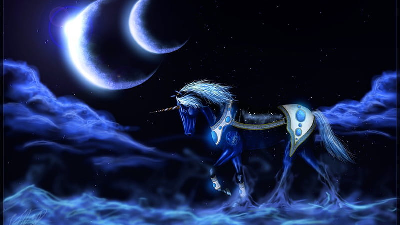 Fantasy Blue Horse With Moon Vaporwave, HD wallpaper