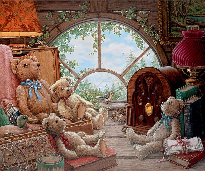 :), art, toy, teddy bear, painting, janet kruskamp, pictura, stuff, HD wallpaper