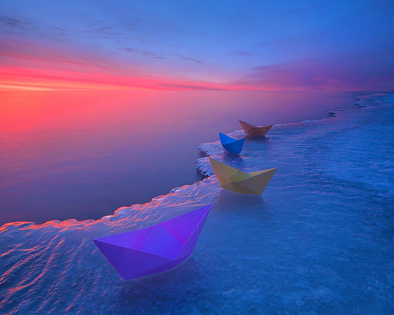 Paper boat, colorful, water, snow, sky, HD wallpaper