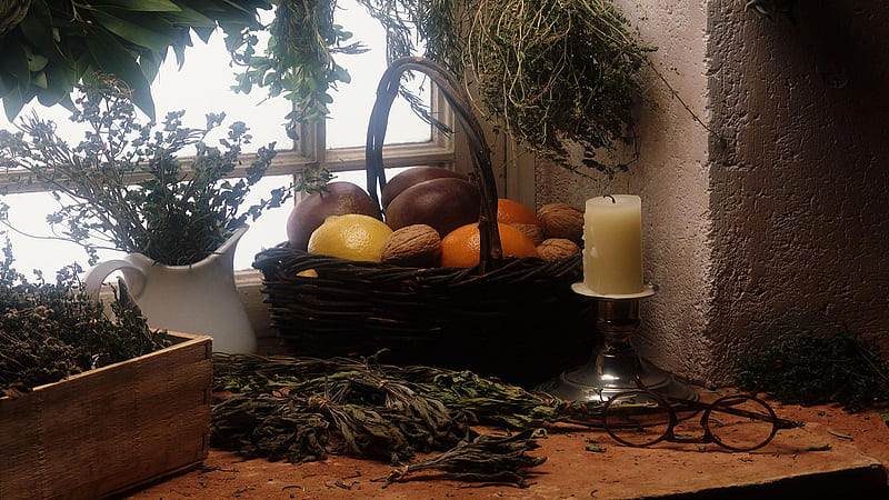 Country Kitchen, candle, harvest, window, herb, vegetable, kitchen, fruit, still life, basket, season, counter, HD wallpaper
