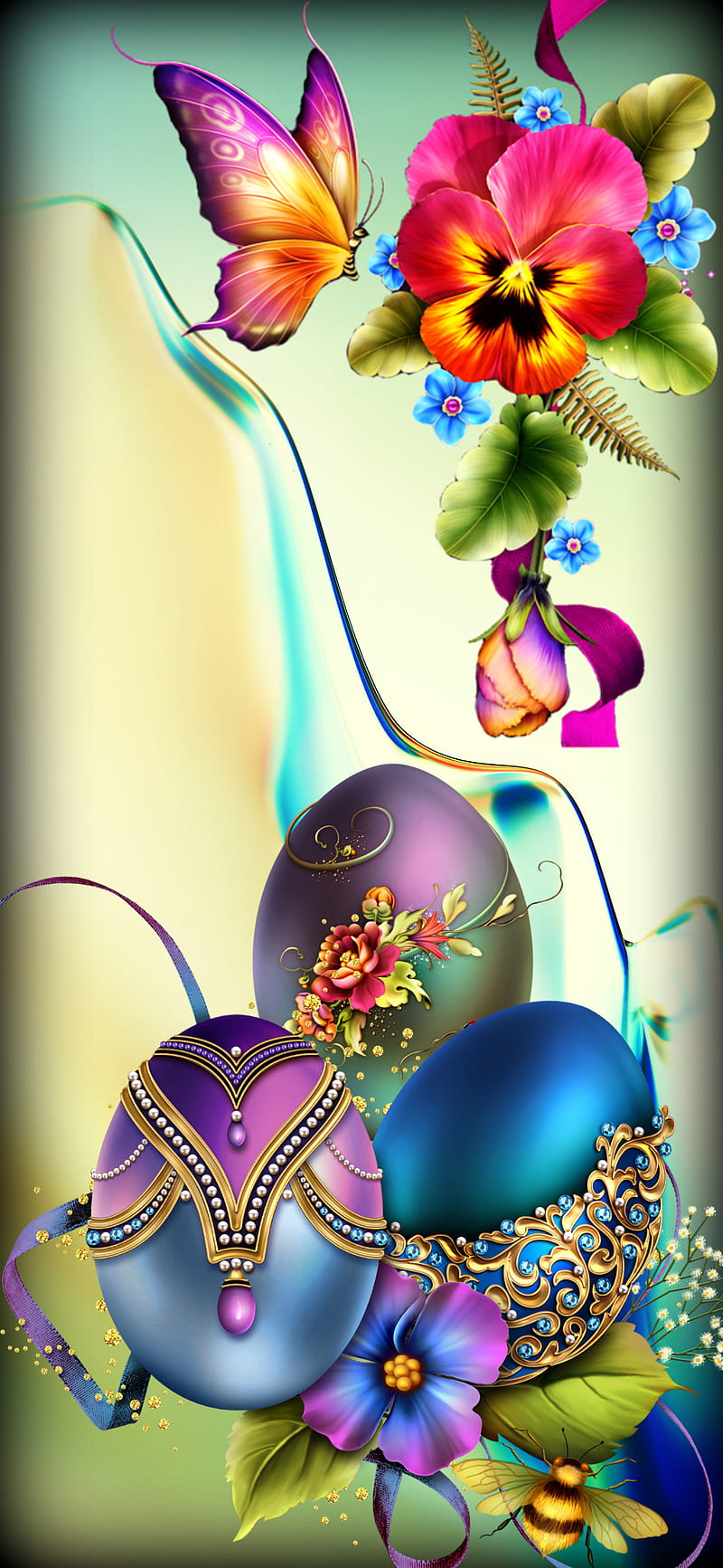 Flower Compose, butterflies, flowers, painting, pink, purple, super, HD phone wallpaper