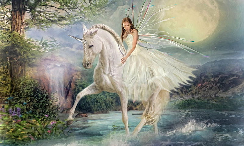 Unicorn Magic, Unicorn, Dreamy, Softness, Fairy, moon, fantasy, water, magical, digital, beauty, Waterfall, Mythical, HD wallpaper