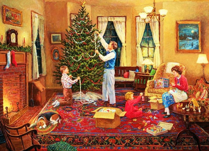 Last Preparations, family, christmas tree, cozy, children, mother, artwork, father, fireplace, painting, room, sofa, dog, HD wallpaper