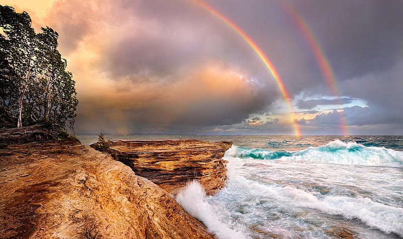 Mosquito Beach Stormy Rainbows, rocks, Michigan, bonito, rainbow, waves, trees, sky, clouds, lake, d Rocks National Lakeshore, HD wallpaper