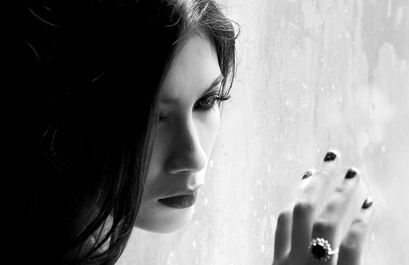 Window of sadness, brunette, window, rain, sadnes, woman, HD wallpaper