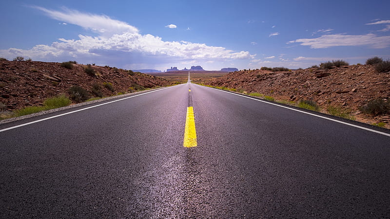 No Passing, blacktop, drive, Route 66, sky, highway, yellow line, mountains, road, pavement, Firefox Persona theme, HD wallpaper