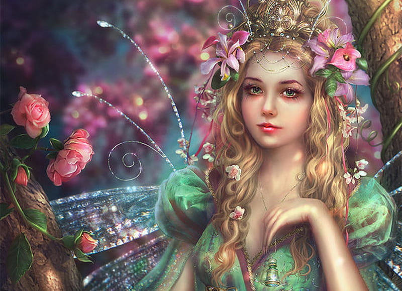 Titania, flower, queen, pink, incantata art, fairy, frumusete, luminos, fantasy, green, girl, HD wallpaper