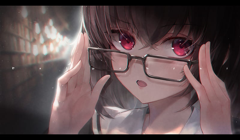Anime, Original, Brown Hair, Girl, Glasses, Pink Eyes, Red Eyes, HD wallpaper