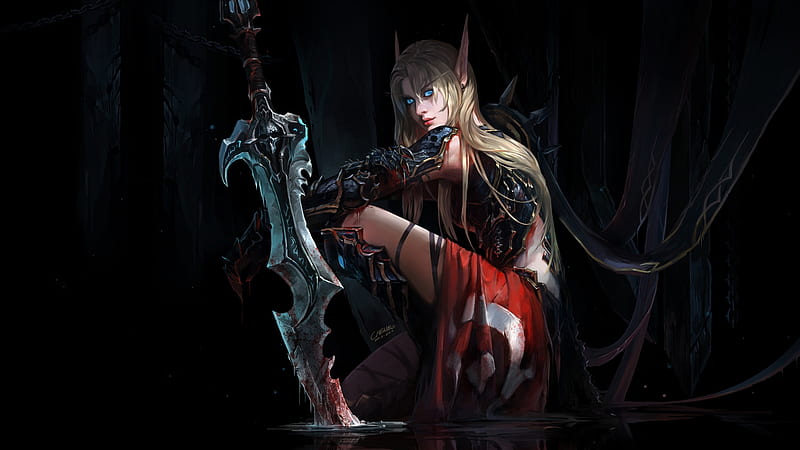 Blood Elf, red, fantasy, chenbo, girl, warcraft, black, sword, warrior, HD wallpaper
