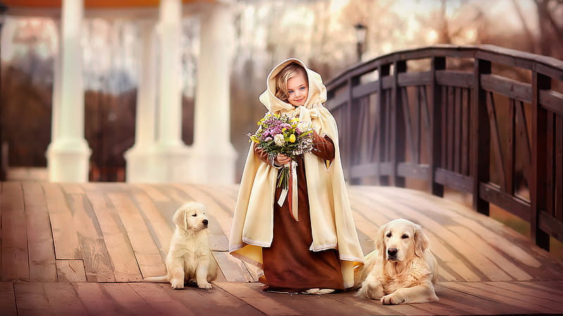 Ash Eyes Smiley Cute Little Girl With Bouquet Is Standing Between Labrador And Puppy Wearing Brown Sandal Color Dress Cute, HD wallpaper