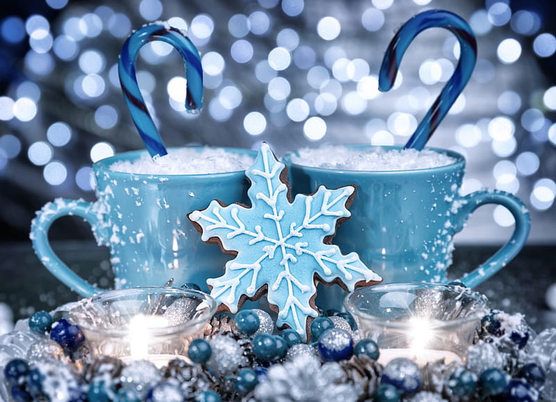 Christmas Sweets, ornaments, coffee cups, glow, sweets, christmas, lights, candles, cookies, snowflake, bokeh, blue, HD wallpaper