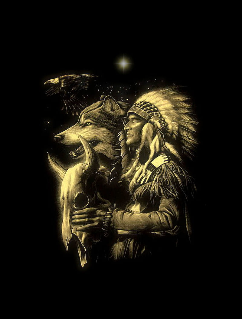 Native Indian, dark, skull, symbols, wolf, HD phone wallpaper