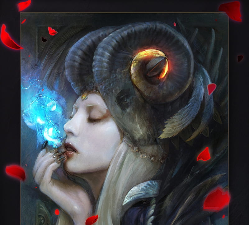 Demon queen, red, art, luminos, queen, horns, demon, fantasy, hand, petals, face, jake moon, portrait, blue, HD wallpaper Demon queen, red, art, luminos, queen, horns, demon, fantasy, hand, petals, face, jake moon, portrait, blue, HD wallpaper