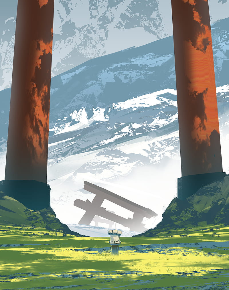 anime, torii, column, gates, Asian architecture, grass, Asteroid (artist), HD phone wallpaper