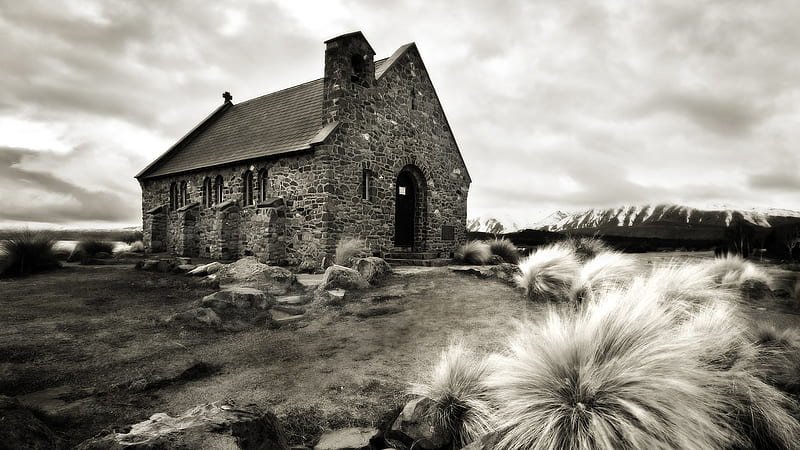 Abandoned, new zealand, black, white, church, sky, HD wallpaper