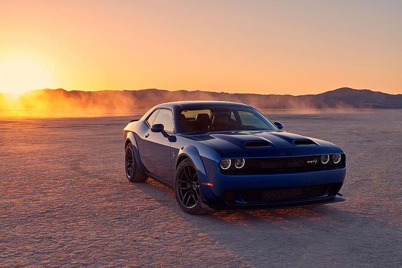 Dodge, Dodge Challenger SRT, Blue Car, Car, Coupé, Desert, Dodge Challenger SRT Hellcat, Luxury Car, Muscle Car, Sunset, HD wallpaper