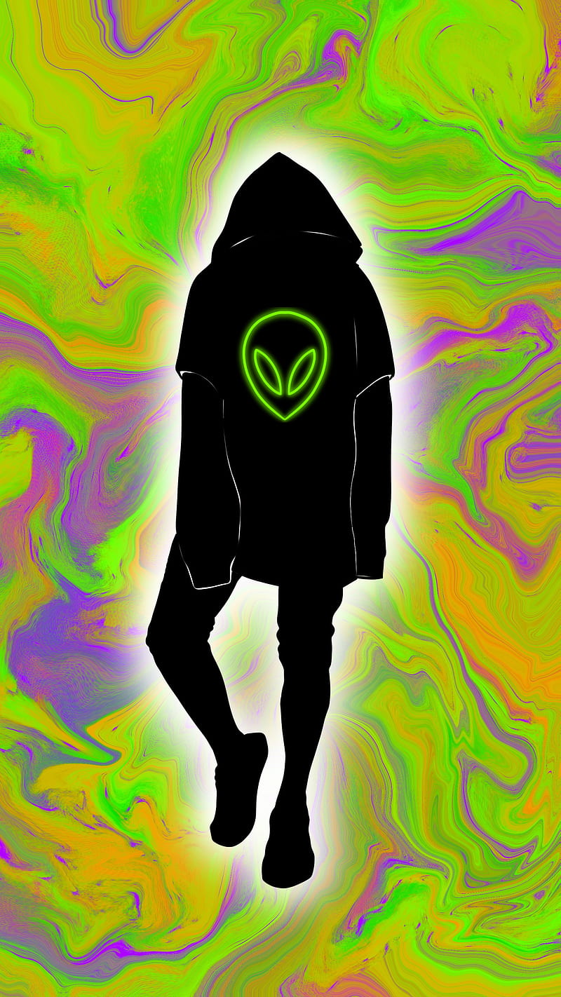 ufo shirt green, abstract acid, black, boy, burn, colors, dark, face, figure, guy, light, liquid, man, mask, neon, pattern, pink, silhouette, texture, HD phone wallpaper
