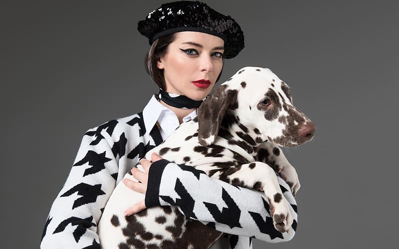 Marina Aleksandrova, actress, dalmatian, hat, caine, dog, model, black, white, girl, woman, HD wallpaper