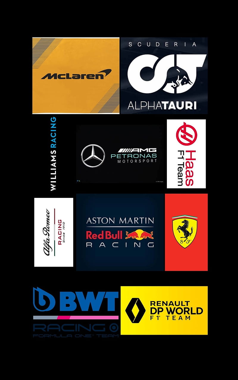 F1 Teams, alpha tauri, formula 1, haas f1 team, mclaren, mercedes amg, racing point, redbull racing, renault racing, sauber f1, scuderia ferrari, HD phone wallpaper