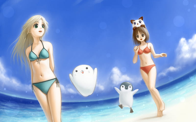 Never know what you might find at the beach, swimsuit, pretty, stunning, ocean, anime girls, bonito, sexy, bikini, animal, cute, beach, short hair, water, hot, beauty, long hair, HD wallpaper