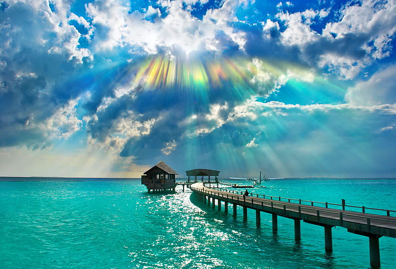 Colorful sun rays over the sea, colorful, hut, ocean, pier, sky, clouds, sea, water, rays, horizons, reflection, HD wallpaper