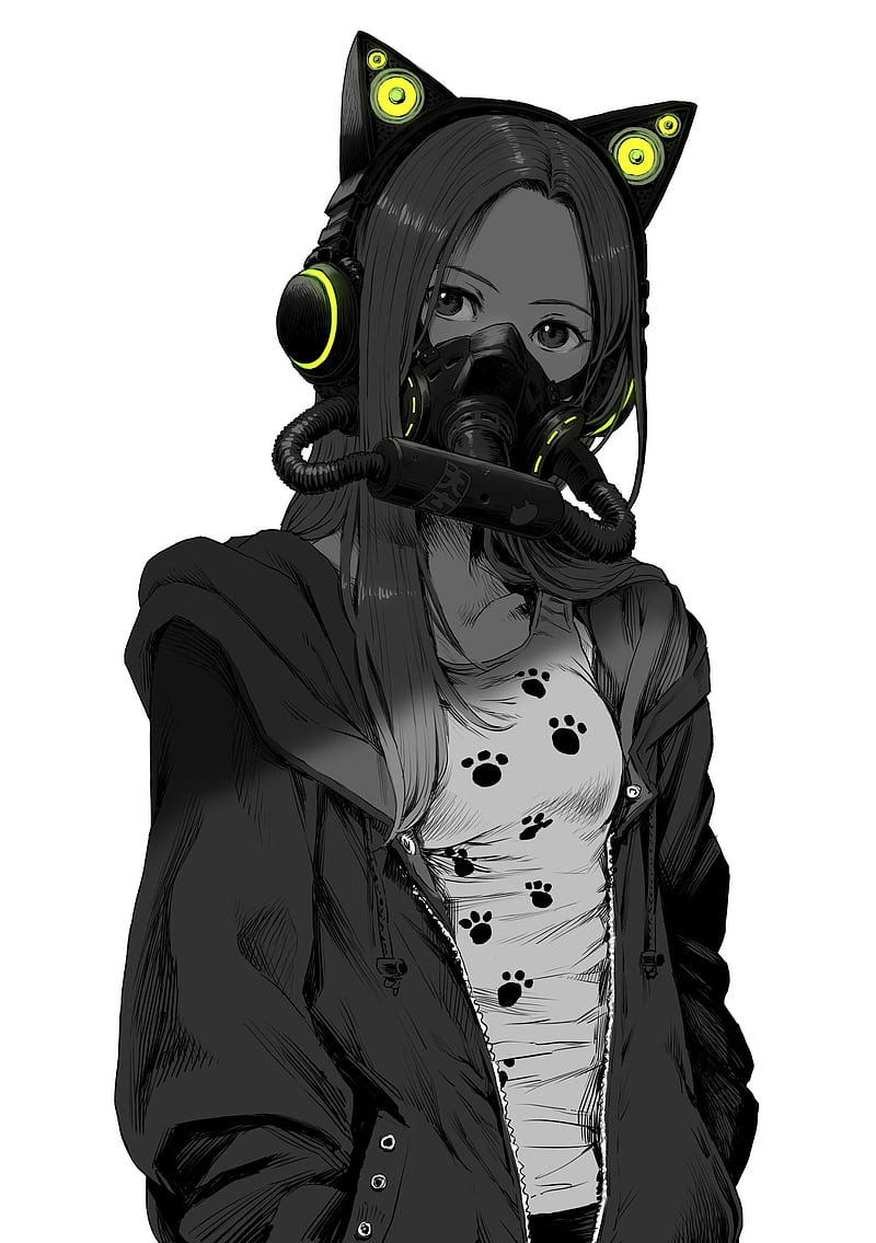 anime girl, mask, jacket, black and white, manga style, Anime, HD phone wallpaper