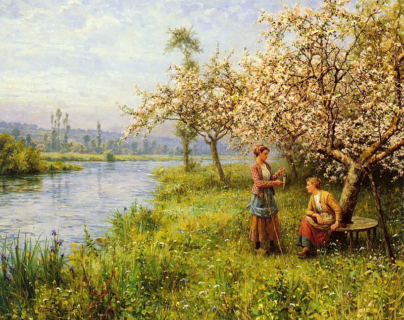 Country Women after Fishing on a Summer's Day by Louis Aston Knight, art, painting, louis aston knight, nature, river, woman, HD wallpaper