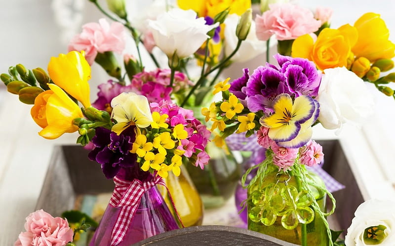 Spring flowers, yellow, vase, spring, pansy, sia, glass, green, purple, flower, pink, HD wallpaper