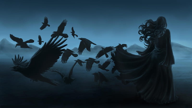 :), wind, crow, silhouette, wings, raven, luminos, black, fantasy, bird, girl, blue, HD wallpaper