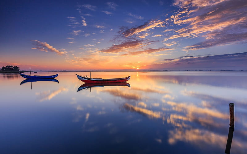 Sunset on Lake, clouds, lake, calm, boats, sunset, reflection, HD ...