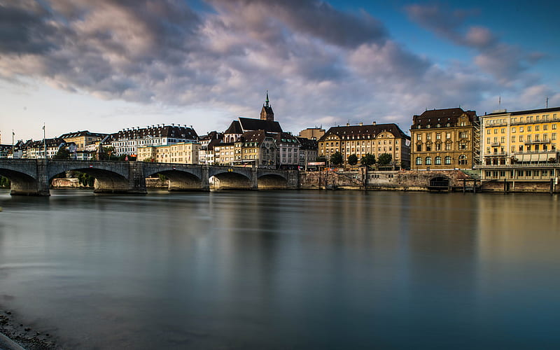 Basel Middle Bridge, cityscapes, swiss cities, Switzerland, Europe, Basel in evening, HD wallpaper