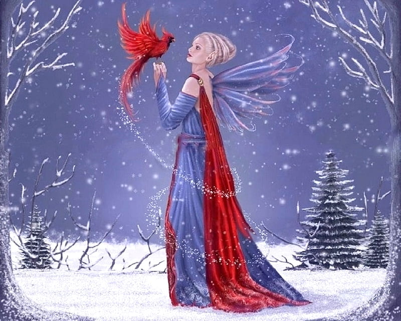 Cardinal Winter, Christmas, female, wings, holidays, attractions in dreams, digital art, xmas and new year, winter, fantasy, paintings, snow, weird things people wear, fairies, forests, cardinal, HD wallpaper