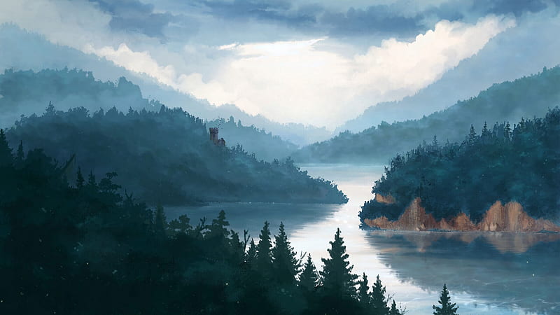 castle, forest, fog, art, HD wallpaper