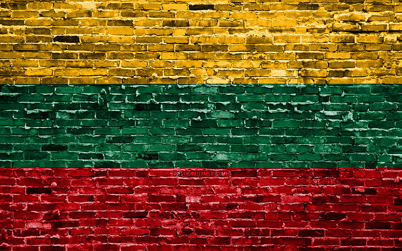 Lithuanian flag, bricks texture, Europe, national symbols, Flag of Lithuania, brickwall, Lithuania 3D flag, European countries, Lithuania, HD wallpaper