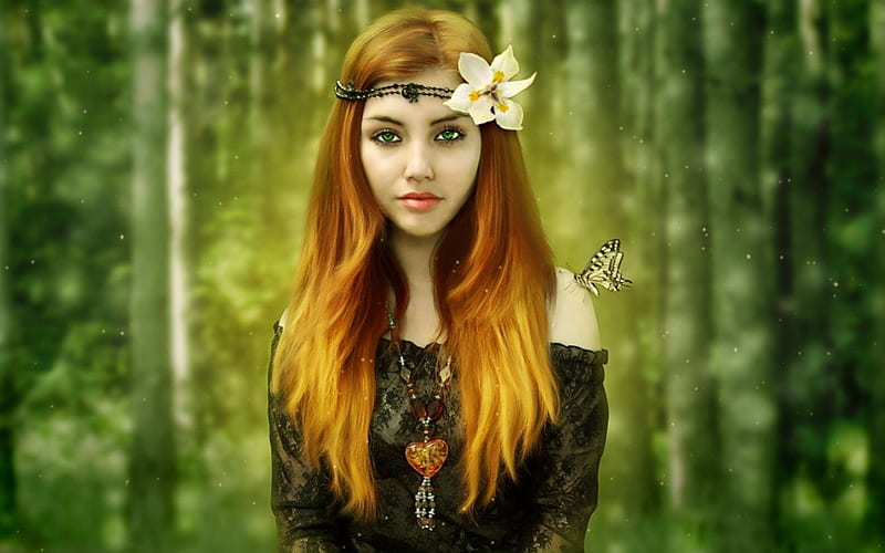 Green Eyed Beauty, Forest, Red, butterfly, Girl, Green eyes, Flower, HD wallpaper