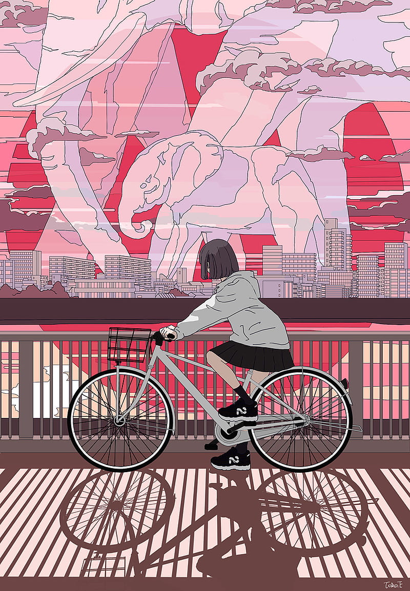 elephant clouds, anime, bicycle, chill, elepeant, girl, lofi, magenta, vaporwave, HD phone wallpaper