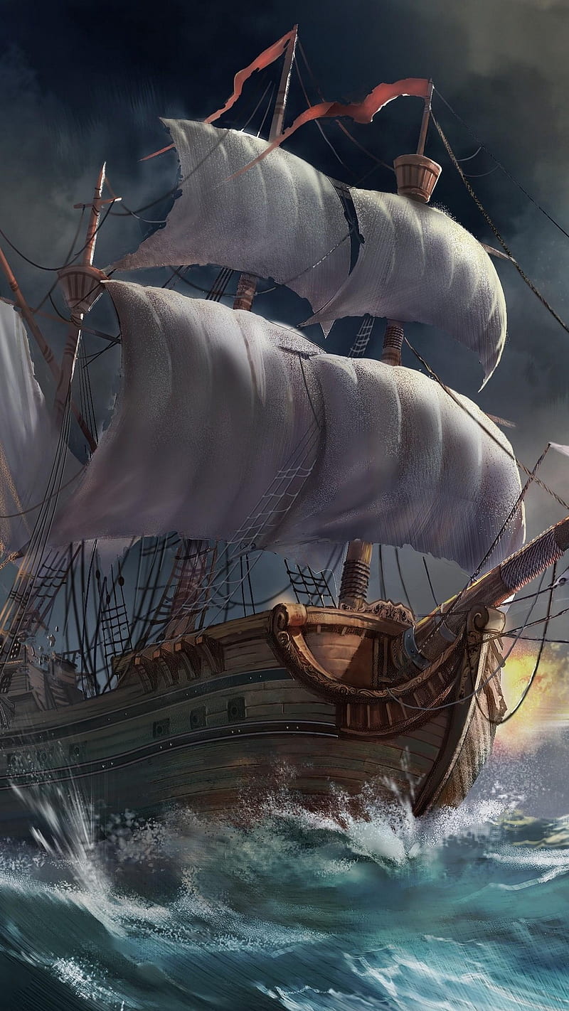 Fantasy Ship , explosion, storm, sea, ships, HD phone wallpaper