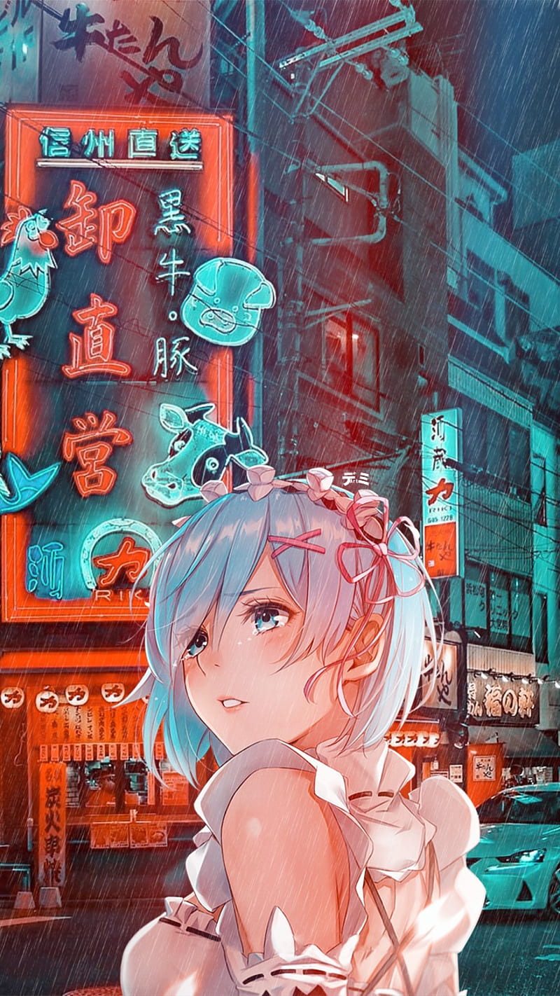 Rem, anime, blue, digital art, japan, neon, rain, rezero, rien, rum, subaru natsuki, HD phone wallpaper