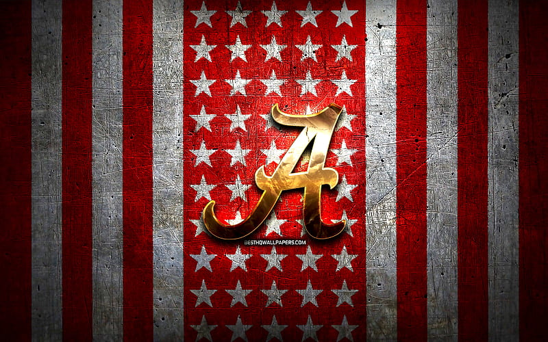 Alabama Crimson Tide flag, NCAA, red white metal background, american football team, Alabama Crimson Tide logo, USA, american football, golden logo, Alabama Crimson Tide, HD wallpaper