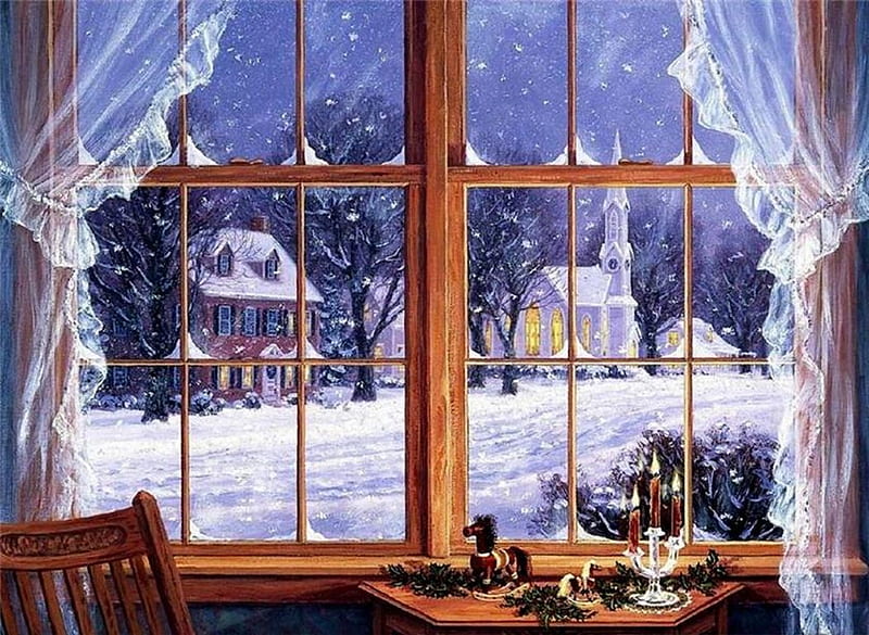 Winter Window, house, snow, painting, church, artwork, HD wallpaper