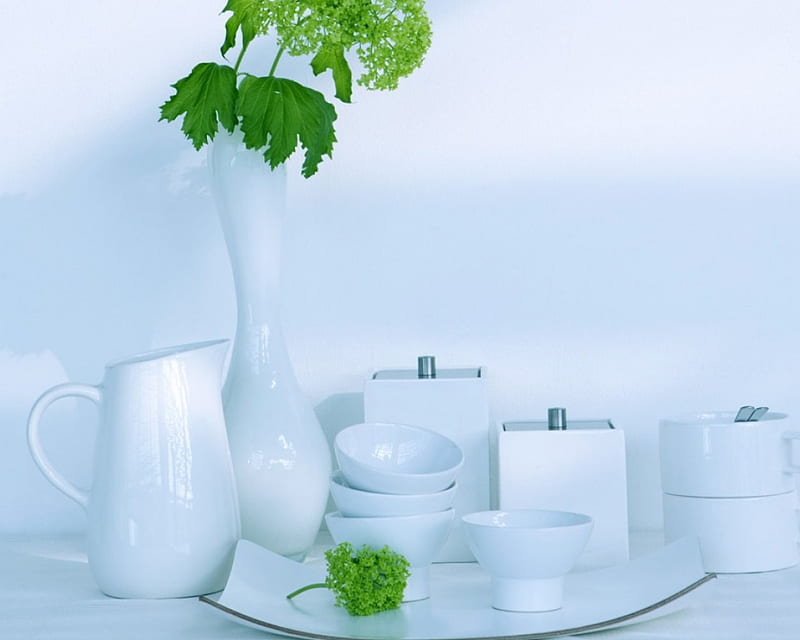 Home style, leaves, green, plants, jar, vace, white, candles, HD wallpaper