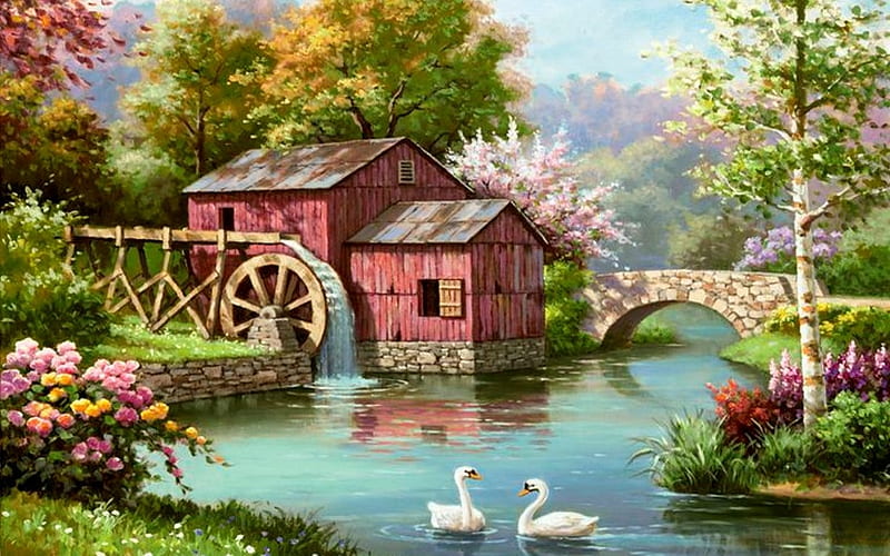 Watermill, bridge, painting, river, trees, swans, HD wallpaper