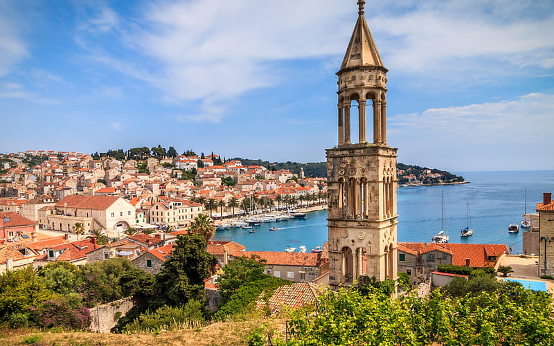 Hvar Bay Tower, Hvar, summer, coast, resort, Adriatic Sea, Mediterranean Sea, Split-Dalmatia County, Croatia, HD wallpaper