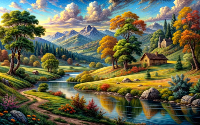 Early autumn landscape, peaceful, hills, creek, beautiful, colors, mountain, river, village, fall, countryside, autumn, cottages, houses, HD wallpaper Early autumn landscape, peaceful, hills, creek, beautiful, colors, mountain, river, village, fall, countryside, autumn, cottages, houses, HD wallpaper