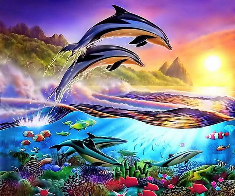 Fabulous Underwater Life, underwater, art, fishes, glowing, dolphins, awesome, sunset, sea, HD wallpaper