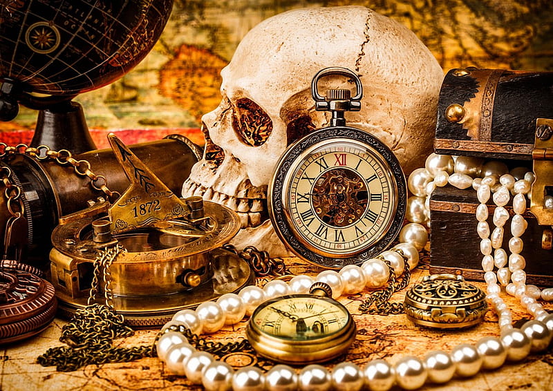 Pirate Treasure, chain, clock, pearls, skull, utensils, HD wallpaper