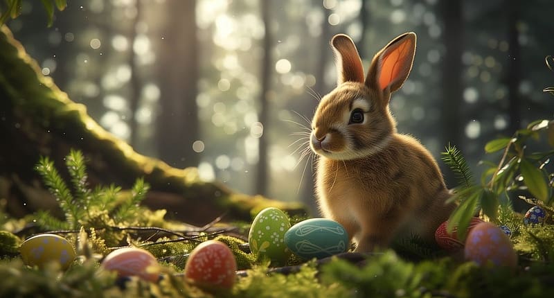 Easter bunny, termeszet, fak, szines, erdo, husveti nyuszi, tojasok, nyuszi, novenyzet, diszek, dekoracio, HD wallpaper