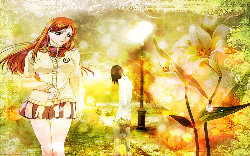 Alone No Without Me, bleach, ulquiorra, park, fog, flower, flowers, orihime, vector, HD wallpaper