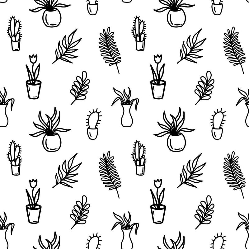 Abstract flower seamless pattern with leaves and dots. Doodle cute black and white background. Summer monochrome simple print. Hand drawn flowers in pots. Black and white , cactus, tulip 7538443 Vector Art, Black and White Abstract Floral, HD phone wallpaper