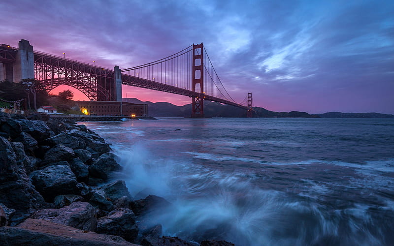 Golden Gate Bridge, evening, sunset, Fort Point, coast, San Francisco, California, USA, HD wallpaper